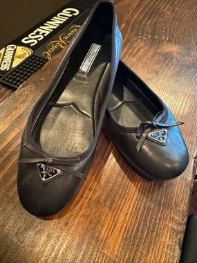 Prada Black Leather Logo Bow Ballet Flats